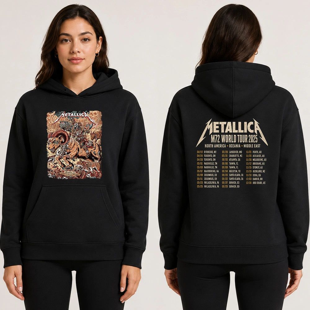 Metallica M72 World Tour June 29 2025 Empower Field At Mile High Denver Colorado United States 2 side T-shirt by Juan Ma Orozco featuring a skull-faced warrior riding a horned beast, wolves, skulls, bones, rocky mountains and M72 tour back print.